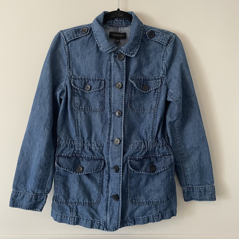 Talbots Denim Utility Military Cargo Jacket Cotton Hemp Blue Size S Cinch Waist
